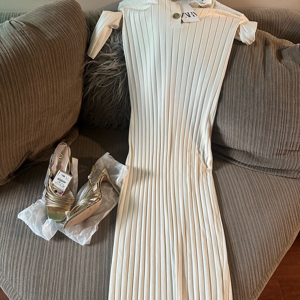 Zara Cream Ribbed Long Sleeve Dress